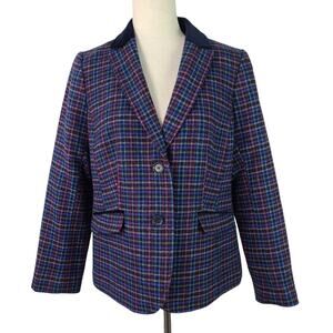 Talbots Navy Blue Pink Red Green Plaid Lined Wool Blend Jacket Blazer Coat 10 P